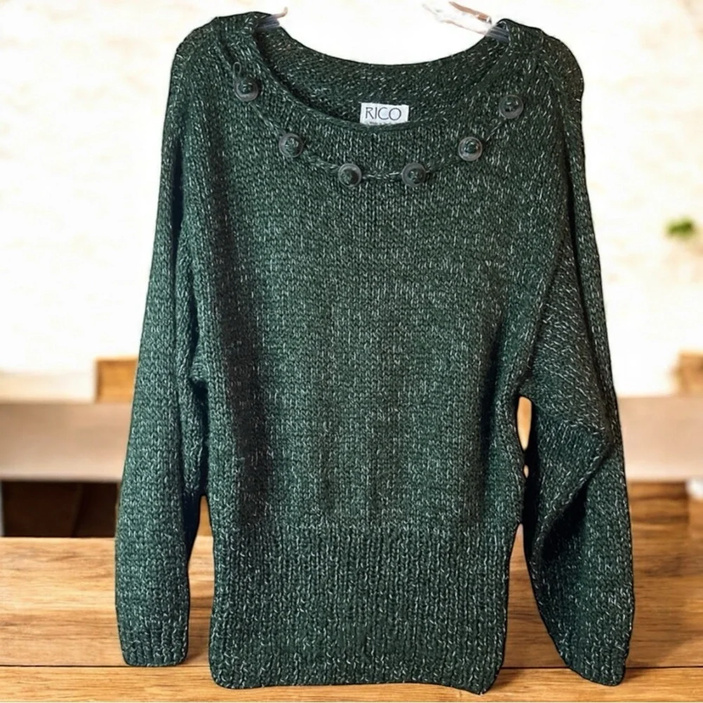 Vintage RICO Forest Green Button Detail Knit Sweater Women’s Medium